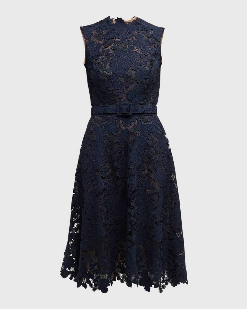 Mixed Botanical Guipure Sleeveless Belted Dress